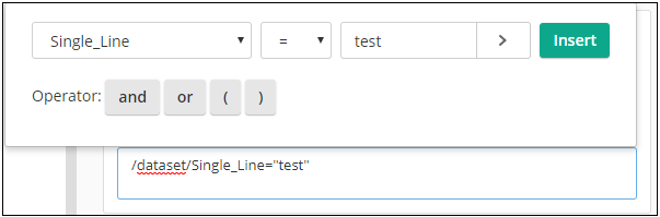 Conditional expression builder configured to match a single line field to the value "test".